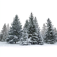 Fototapeta premium Snow covered pine trees group isolated on white background