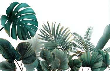 Fototapeta premium Vibrant tropical foliage featuring palm leaves and monstera plants, showcasing lush green textures perfect for nature-themed designs against a clean, white background.