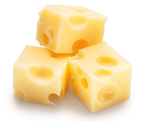  Emmental cheese cubes isolated on white background. File contains clipping path.