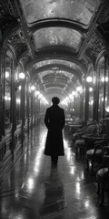 Black and white interior hallway, person walking