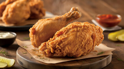 Crispy Fried Chicken Drumsticks on Wooden Board with Dipping Sauces Delicious Comfort Food Photography