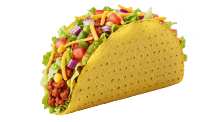 Crispy yellow taco shell filled with seasoned ground beef lettuce tomato cheese and red onion