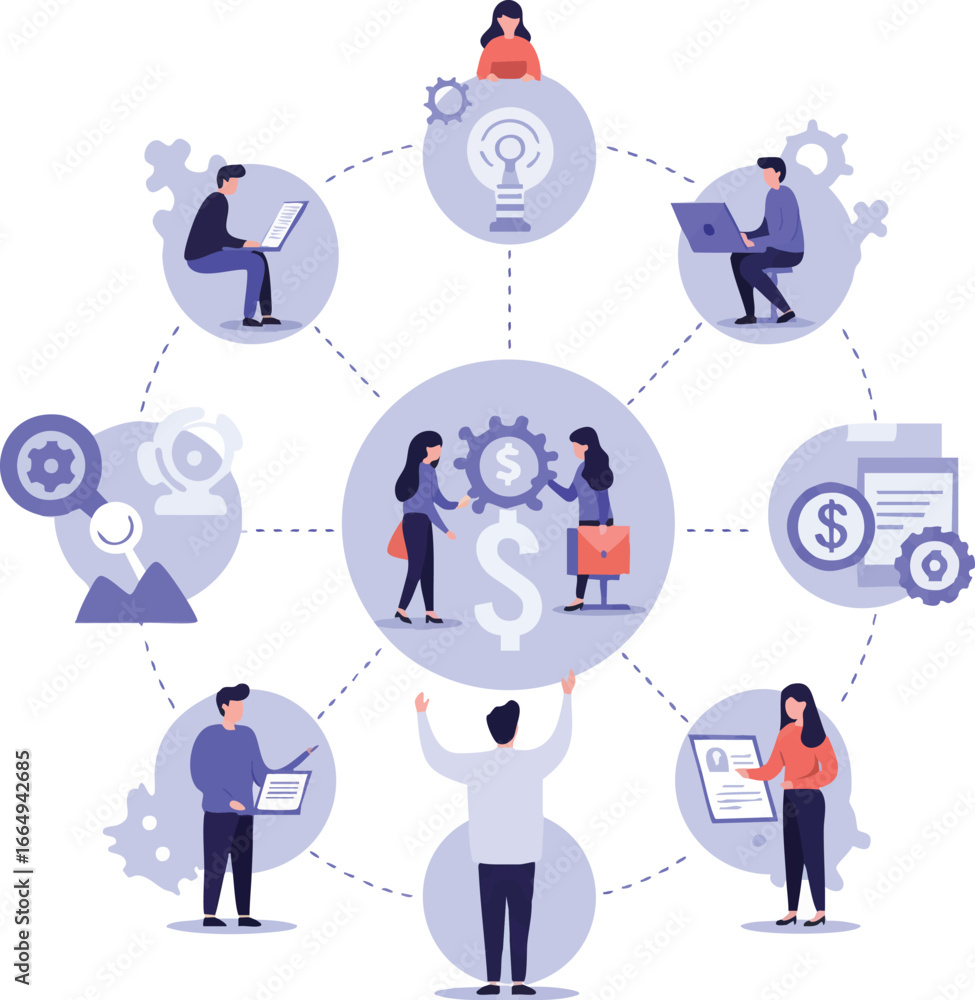 Poster this illustration depicts a dynamic business ecosystem where professionals collaborate on various ta