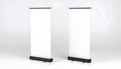 Two blank roll-up banner stands with a clean white display for mockups, isolated on a simple studio background