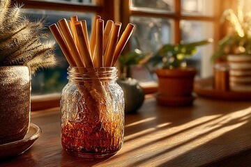 Eco bamboo straws arranged in mason jar high resolution picture