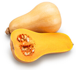 Butternut squash or butternut pumpkin and half of it isolated on white background. File contains clipping path.