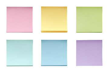 Six square sticky notes in pastel colors