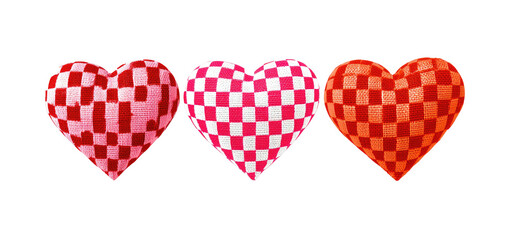 Three hearts, each with a checkered pattern in shades of red and pink