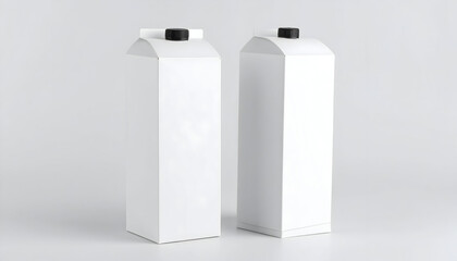 Minimalist studio shot of two blank white beverage cartons with black caps, standing on a clean gray background, perfect for product mockups.