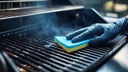 Cleaning Grill Grate with Sponge and Glove Smoke Rising Close-up
