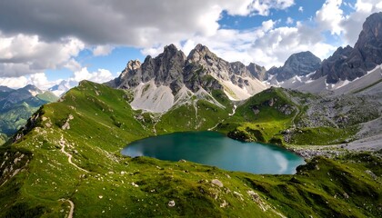 Lush green alpine meadows surround a serene mountain lake, reflecting the surrounding peaks under a partly cloudy sky.