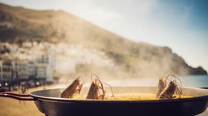 Artisanal paella pan with golden saffron rice and fresh seafood, celebrating Spain's National Day with Mediterranean coastal hues.