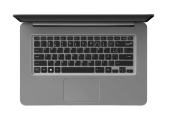 Overhead view of a gray laptop.  Open lid reveals a full QWERTY keyboard and a touch pad.  Neutral grayscale tones