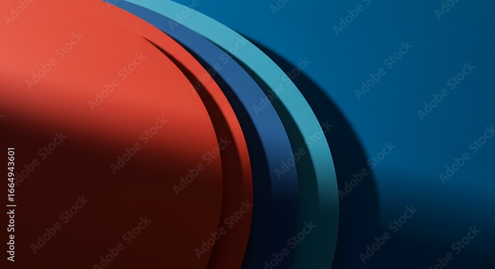 Poster abstract composition of curved paper layers in shades of red, blue, and teal, creating a dynamic and