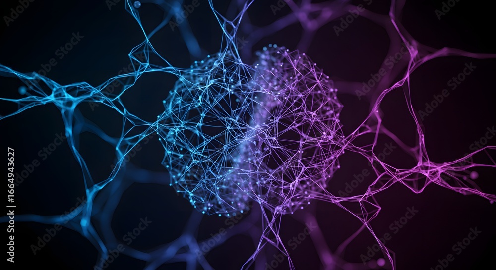 Poster abstract depiction of a glowing, interconnected network sphere with branching lines against a dark b