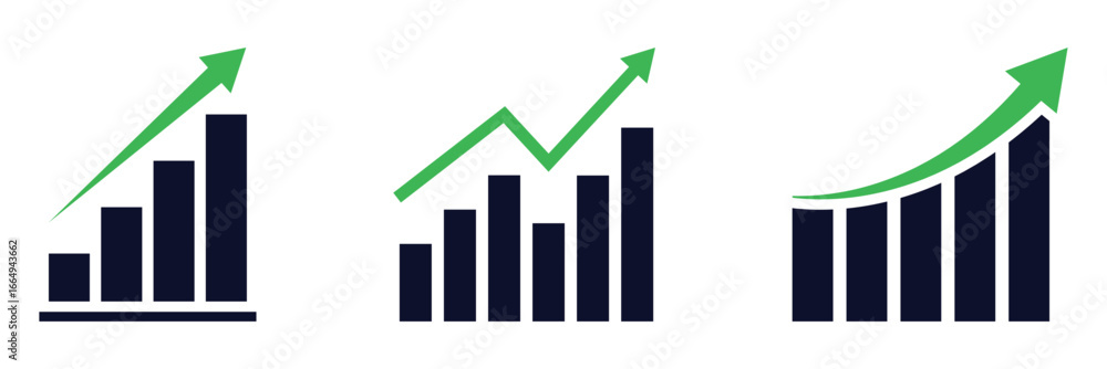 Fototapete arrow growing pointing up on chart graph bars icon, success graph trending upwards flat design inter