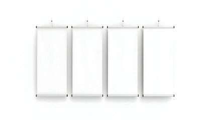 Four blank vertical hanging banners with metallic holders, presented as a clean mockup template against an isolated white background.