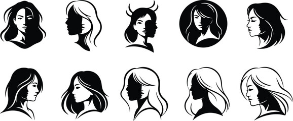 Naklejka premium Ten black and white graphic silhouettes of women's faces and hairstyles woman profile
