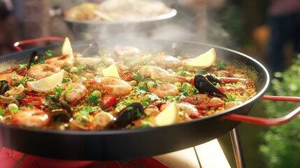 Artisanal paella pan with golden saffron rice and fresh seafood, celebrating Spain's National Day with Mediterranean coastal hues.