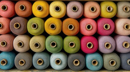 Fototapeta premium Colorful spools of thread in rows
