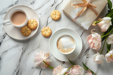 Elegant morning tea setup with fresh peonies, creamy coffee, and dusted pastries on a marbled background.