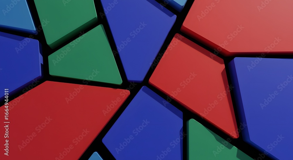 Poster abstract geometric design featuring a mosaic of red, blue, and green polygons with dark outlines, cr