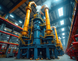 Industrial petrochemical plant features massive blue, yellow structures with extensive piping. Tube furnaces, part of ammonia production facility, showcase advanced engineering, manufacturing