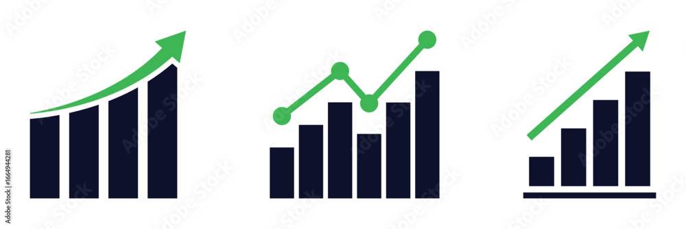 Fototapete arrow growing pointing up on chart graph bars icon, success graph trending upwards flat design inter