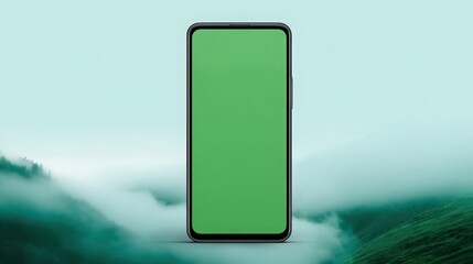 A phone with a green screen is shown in front of a mountain