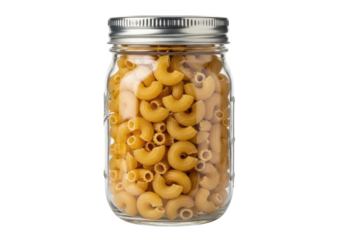 Elbow Macaroni Pasta Stored in Clear Glass Mason Jar with Silver Lid image