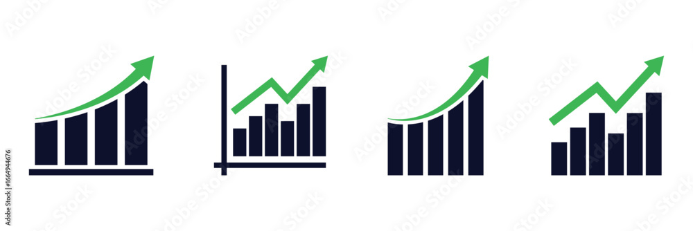 Poster arrow growing pointing up on chart graph bars icon, success graph trending upwards flat design inter