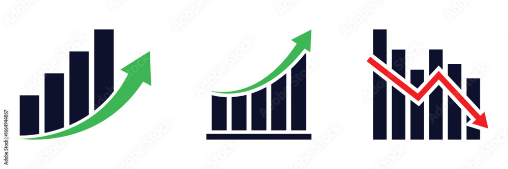 Fototapete arrow growing pointing up on chart graph bars icon, success graph trending upwards flat design inter