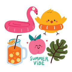 cute set of summer element sticker with cartoon chick and summer stuff cartoon