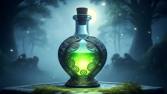 Mystical glowing potion vial in enchanted forest under moonlit sky, magical atmosphere
