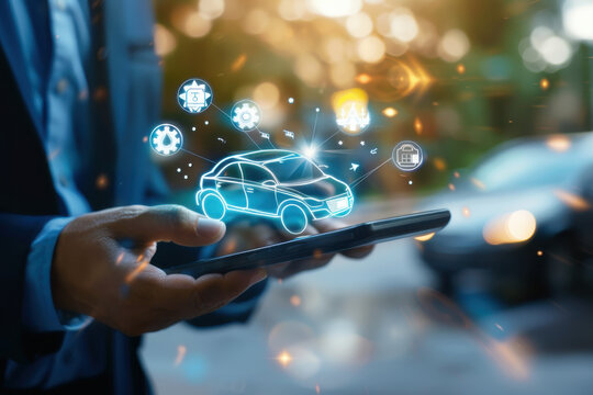 Businessman using a tablet to interact with a futuristic holographic interface of car connectivity and GPS tracking.