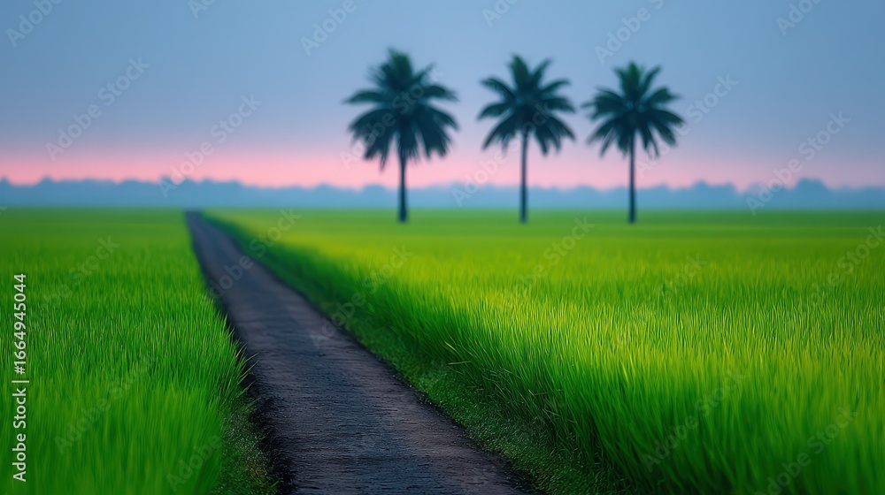 Poster a road runs through a field of green grass with palm trees in the background