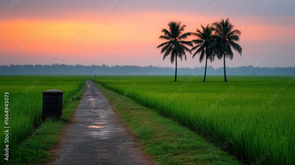 Poster a road with a trash can and palm trees in the background