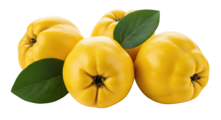 Four bright yellow quinces with green leaves on background fruit leaf