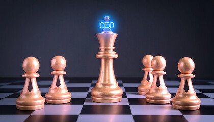 Creative photo of chess pawns shaped like employees with king glowing in neon, symbolizing corporate leadership, strategy, and power.