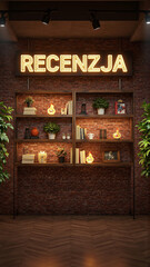 Kreatywna przestrzeń do tworzenia treści z neonem "Recenzja" i dekoracjami.