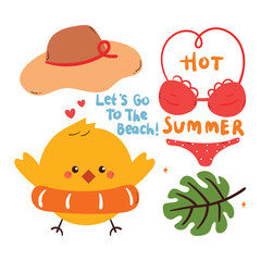 cute hand drawing cartoon chick with summer element sticker set. cute summer sticker