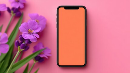 A phone is sitting on a pink background with purple flowers