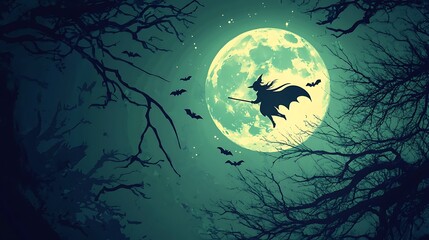 Halloween horizontal banner with glowing full moon, eerie tree branches, bats, and a witch silhouette flying