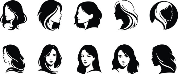 Collection of Black and White Female Silhouette Hairstyles and Profiles woman head