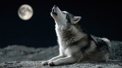 Fototapeta premium Grey dog howls at full moon