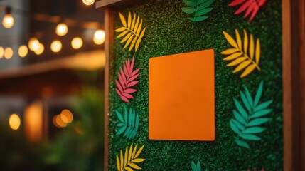 A green wall with a yellow square in the middle and green leaves surrounding it