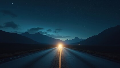Empty highway road stretches toward distant mountains under starry night sky. Bright car headlights pierce darkness, creating endless path. Scene evokes solitude, mystery, quiet thrill of lonely
