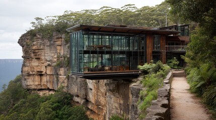 Modern glass structure perched precariously on cliff edge. Lush vegetation surrounds
