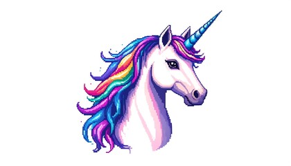 A pixel art unicorn head, showcasing vibrant rainbow mane and a captivatingly detailed design.
