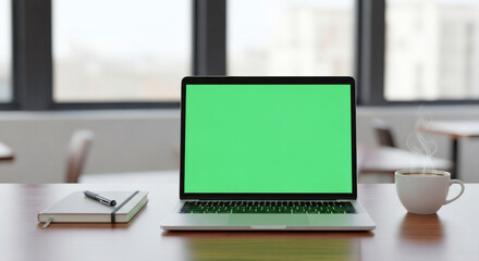 Modern laptop with green screen, notebook, pen, and hot coffee offer a workspace for creativity